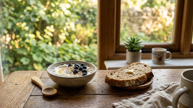 Una merienda infantil con yogur natural y un trocito de pan sobre una mesa de madera cálida junto a una ventana