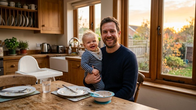 Un padre y su bebé sonriendo juntos en la cocina al terminar de comer, luz cálida de atardecer entrando por la ventana
