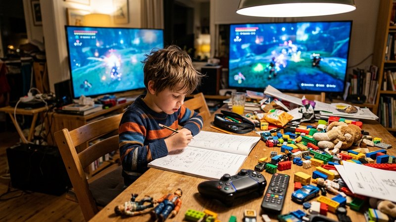 Una mesa de comedor donde un niño intenta hacer los deberes rodeado de juguetes, un mando de videojuegos y una pantalla