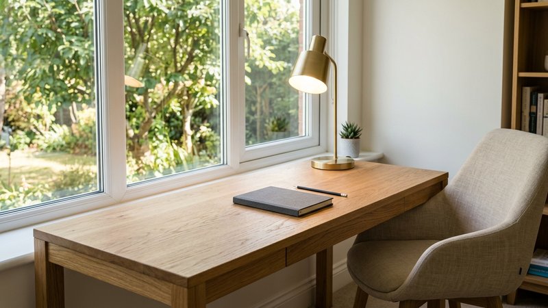 Una mesa de estudio completamente despejada junto a una ventana, con un flexo encendido, una silla cómoda, un lápiz y un