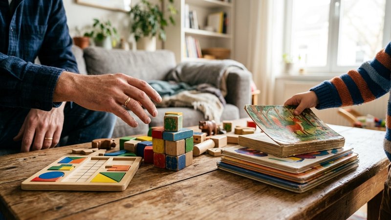 Una mesa del salón con juegos de lógica de madera, piezas de construcción y libros ilustrados apilados, y las manos de u