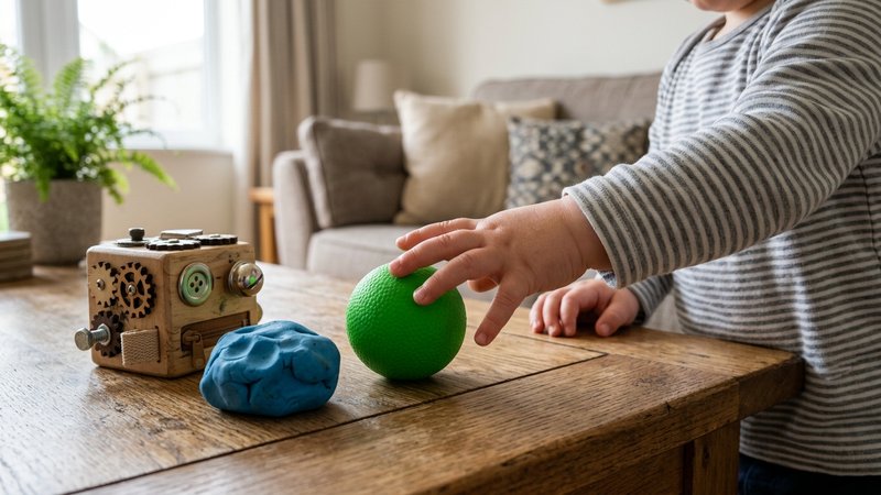 Una mesa del salón con una pelota antiestrés, un trozo de plastilina de colores y un cubo sensorial de madera, y las man