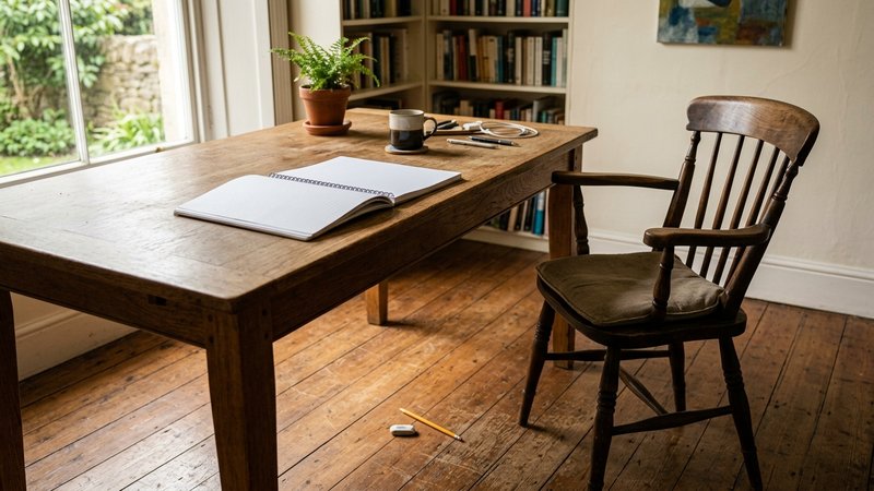 Una mesa de trabajo con un lápiz caído, una goma perdida en el suelo y un cuaderno abierto a medias, sin nadie sentado e