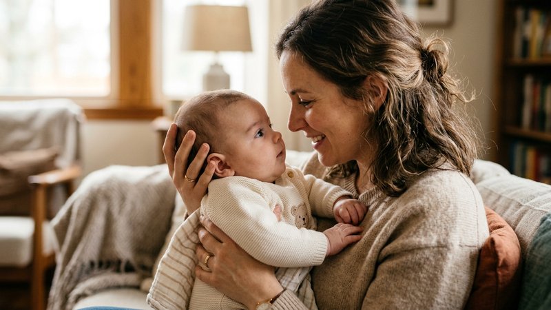 Un primer plano de un bebé vestido y tranquilo en brazos de su madre, cara a cara, luz cálida de hogar