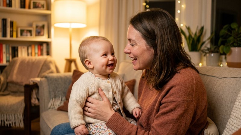 Un bebé vestido sonriendo a su madre que le habla de cerca, en el salón con luz cálida