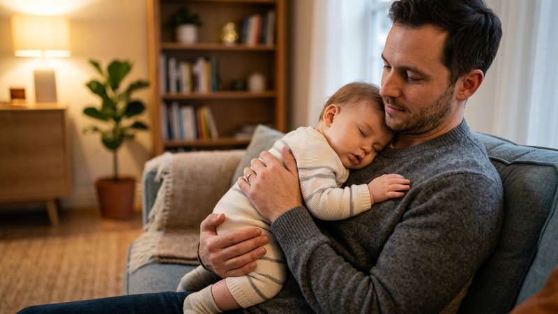 Un bebé vestido y adormilado apoyado con calma en el hombro de su padre, luz suave del salón
