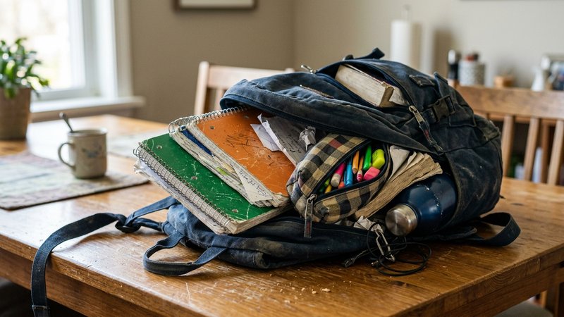 Una mochila escolar abierta y desordenada sobre la mesa del comedor, con cuadernos y estuches asomando en desorden