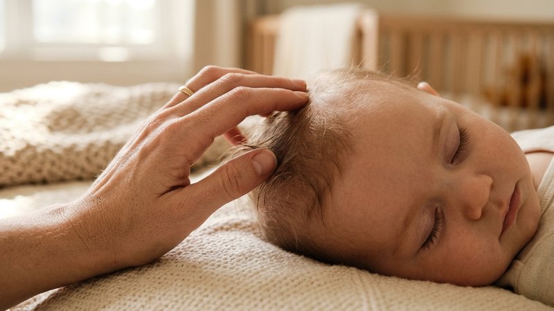 Un primer plano de la cabeza de un bebé tranquilo mientras una mano adulta le acaricia suavemente el cabello fino