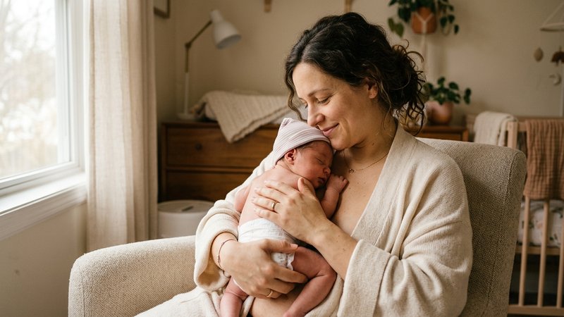 Una madre sosteniendo en brazos a su bebé recién nacido, contacto piel con piel, en una habitación cálida y serena
