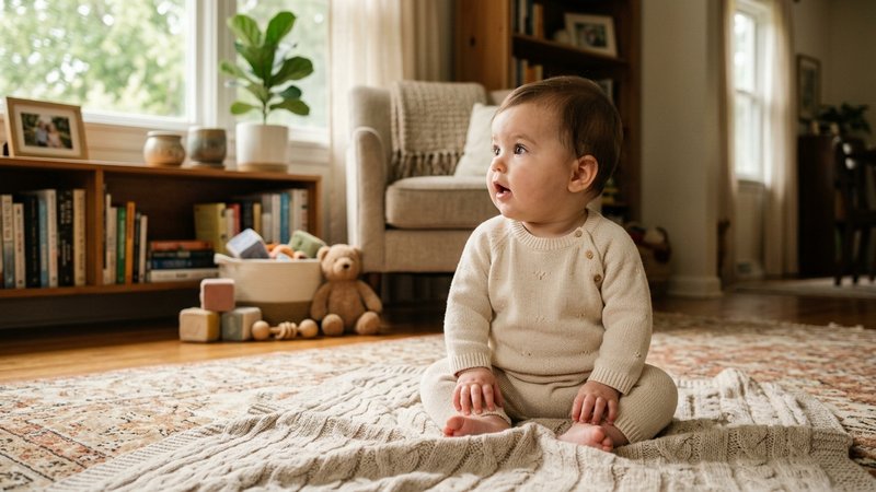 Un bebé de varios meses sentado con firmeza mirando curioso a su alrededor en el salón de casa, luz natural
