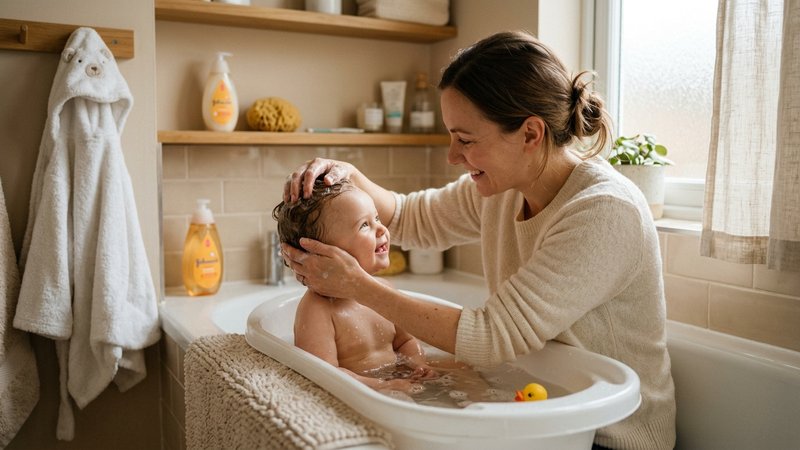 Un bebé disfrutando de un baño tranquilo en una bañerita pequeña, con la madre lavándole el pelo con suavidad