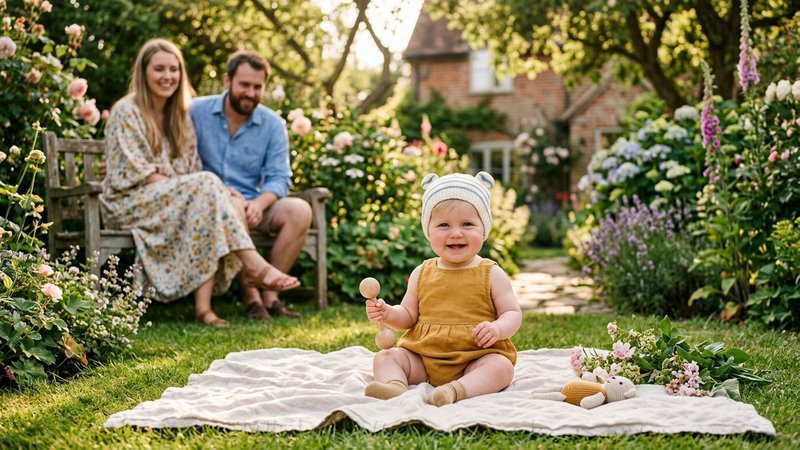 Un bebé con un gorrito de algodón sentado en un jardín soleado de casa, ambiente familiar y sereno
