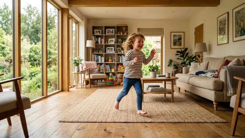 Un niño pequeño corriendo con soltura y alegría por un salón amplio y luminoso