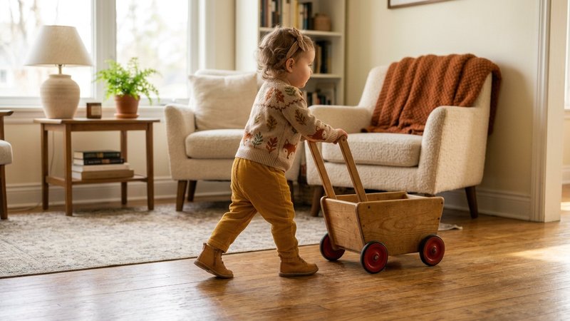 Un niño pequeño caminando apoyado en un carrito de juguete de madera, alejándose de los muebles