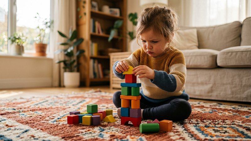 Un niño pequeño concentrado apilando bloques de madera de colores sobre una alfombra