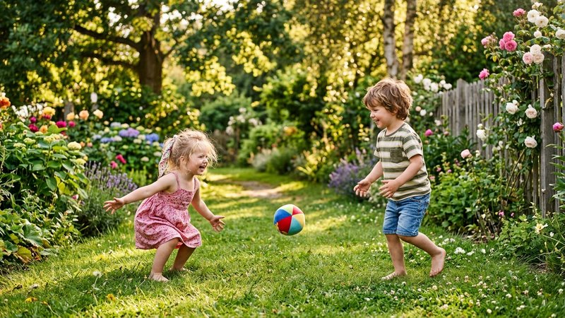 Dos niños pequeños jugando juntos con una pelota suave en un jardín soleado