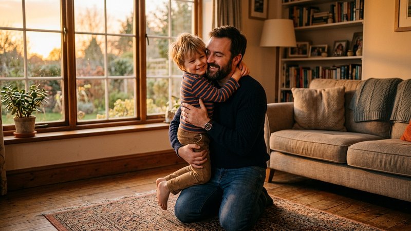Un padre abrazando con cariño a su hijo pequeño en el salón, luz cálida de atardecer entrando por la ventana