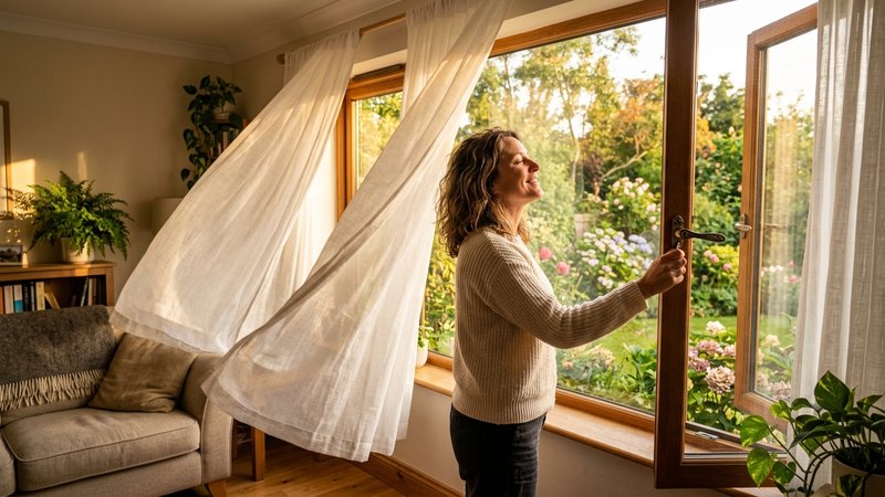 Una mujer adulta abriendo una ventana de par en par en el salón, dejando entrar una luz dorada y aire fresco que mueve l