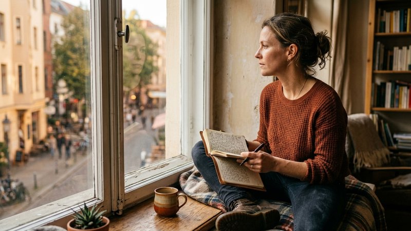 Una mujer adulta anotando en una pequeña libreta sentada en el alféizar de una ventana, mirando hacia fuera entre apunte