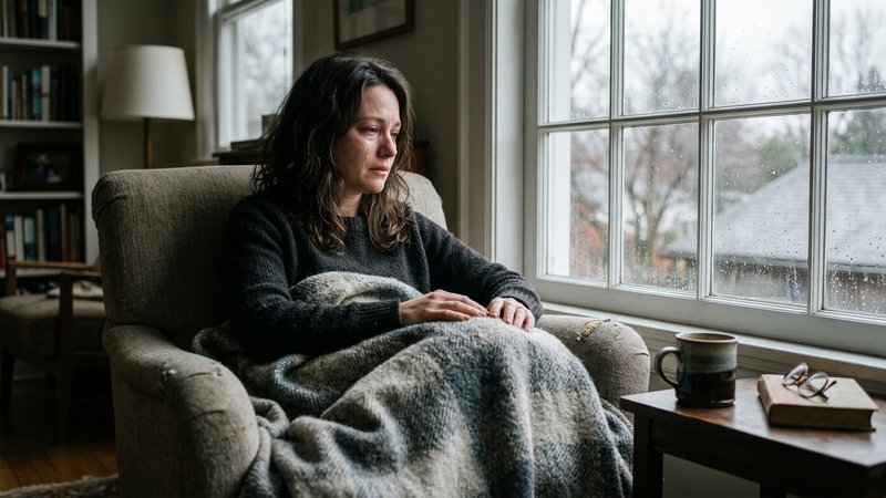 Una mujer llorando en silencio sentada en un sillón junto a la ventana, con una manta sobre las piernas y una taza a su