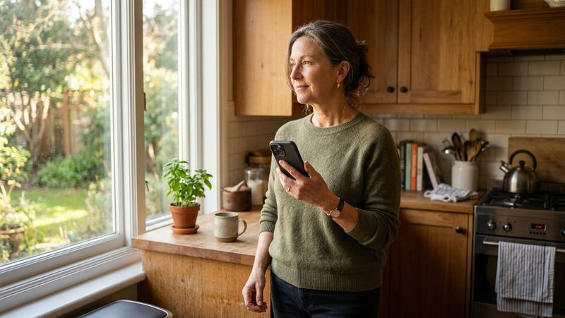Una mujer de mediana edad de pie en la cocina bajando el teléfono móvil de su oreja con expresión serena y firme, tras d