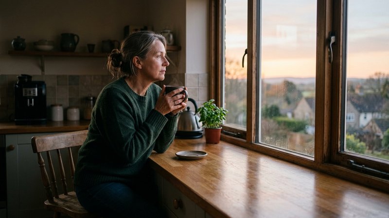 Una mujer de mediana edad sentada sola junto a la ventana de la cocina al amanecer, con una taza de café entre las manos
