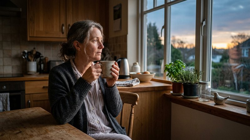 Una mujer de mediana edad sentada sola junto a la ventana de la cocina al amanecer, con una taza entre las manos, mirand