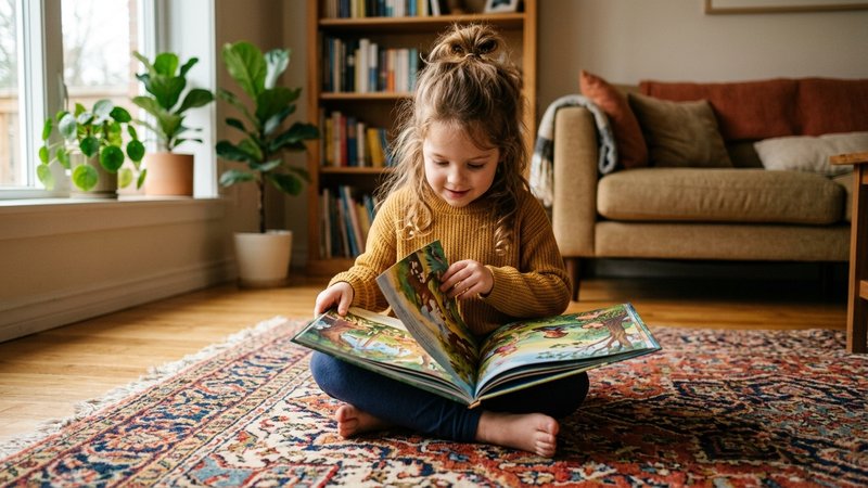 Una niña de cinco años sentada en la alfombra del salón hojeando con soltura un libro ilustrado grande, absorta y muy ad