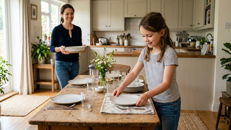 Una niña de nueve años poniendo la mesa del comedor con platos y vasos, con gesto natural y colaborativo, mientras su ma