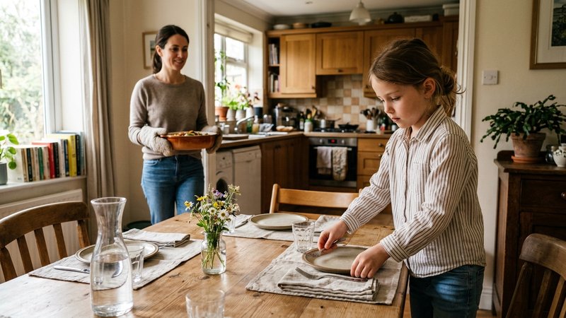 Una niña pequeña colocando cubiertos y servilletas en la mesa del comedor antes de comer, concentrada, mientras su madre
