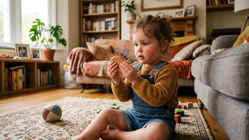 Un niño pequeño observando con curiosidad y los ojos muy abiertos un objeto entre sus manos, en el salón de casa