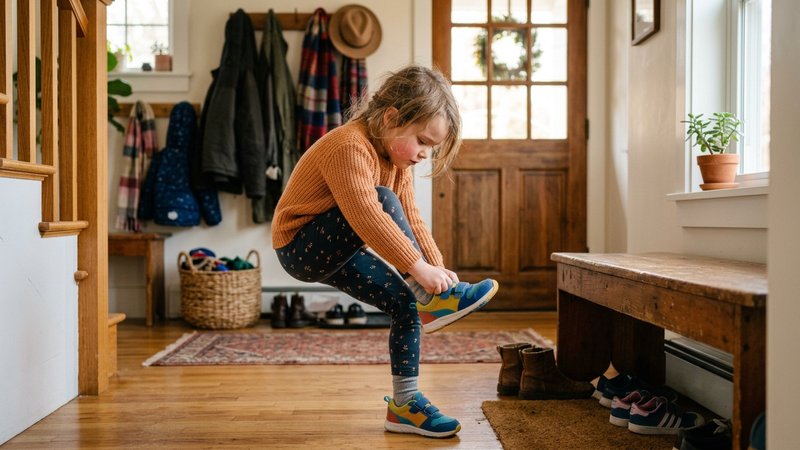 Un niño pequeño intentando ponerse solo los zapatos, concentrado y orgulloso, en el recibidor luminoso de casa