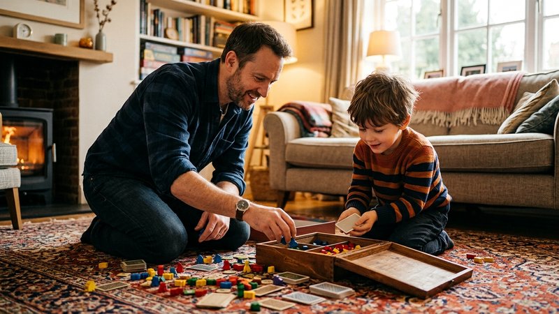 Un padre y su hijo recogiendo juntos las piezas de un juego y guardándolas en una caja, en el salón de casa
