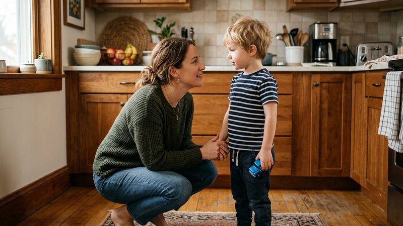 Una madre agachada frente a su hijo pequeño, conversando con él y mirándose a los ojos, en la cocina de casa