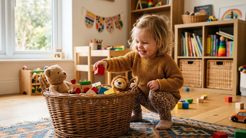 Un niño pequeño sonriente guardando sus juguetes en una cesta de mimbre, en un cuarto de juegos luminoso