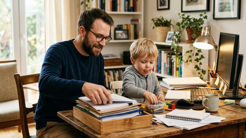 Un padre ordenando con cuidado su escritorio mientras su hijo pequeño lo observa e imita muy cerca de él