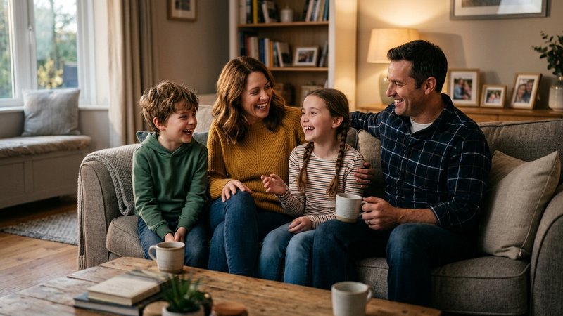 Una familia reunida y sonriente charlando en el sofá del salón, en un ambiente tranquilo y de complicidad