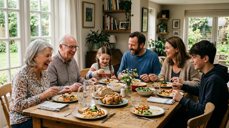 Una familia comiendo junta y feliz alrededor de la mesa del comedor, sin pantallas a la vista, con luz natural