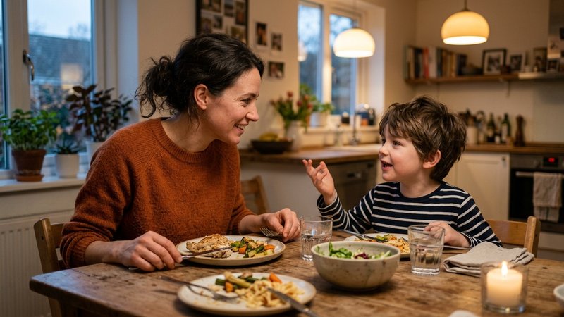 Una madre escuchando con atención a su hijo pequeño mientras cenan juntos en la mesa del comedor de casa