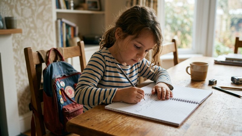 Un niño abriendo su libreta y copiando la primera línea de la página, en un gesto de arranque, con la mochila apoyada en