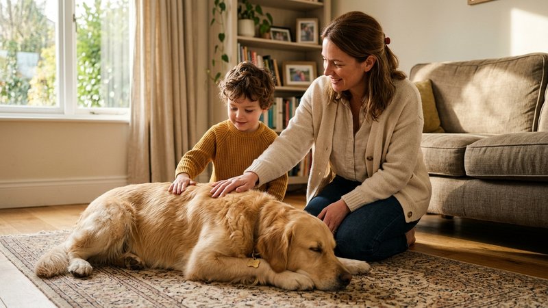 Un niño acariciando muy despacio a un perro tranquilo en el salón, con la mano abierta y plana, mientras su madre lo guí