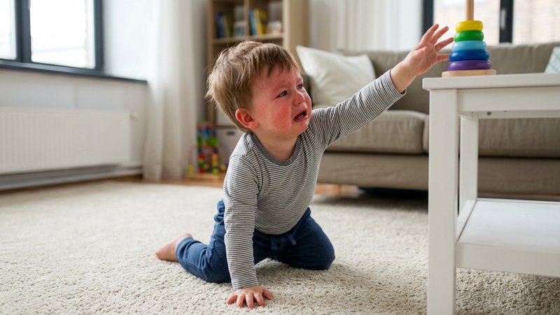 Un niño de un año y medio estirando los brazos hacia un juguete fuera de su alcance, con el rostro enrojecido de frustra