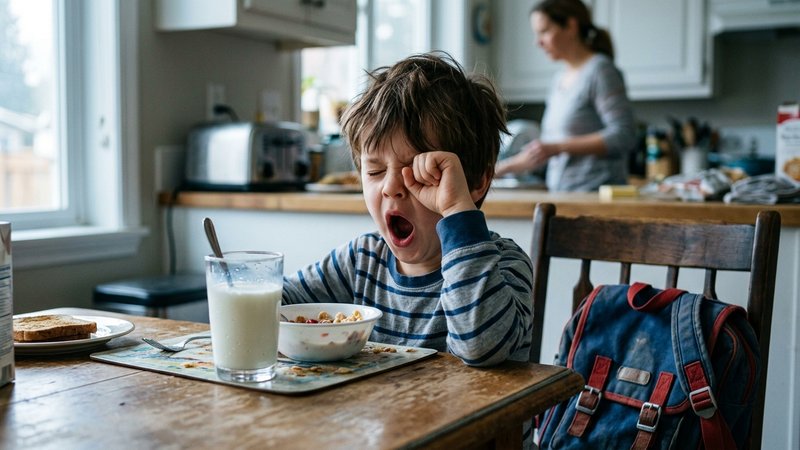 Un niño bostezando y frotándose los ojos a la mesa del desayuno, con un vaso de leche intacto delante, en una mañana con