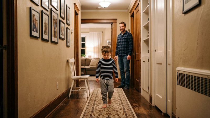 Un niño caminando despacio por el pasillo de casa con pasos medidos, mientras su padre lo observa desde el fondo con una
