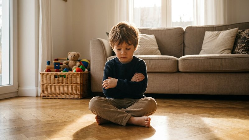 Un niño de cinco años sentado en el suelo de una sala luminosa, con los brazos cruzados sobre el pecho, la cabeza ligera