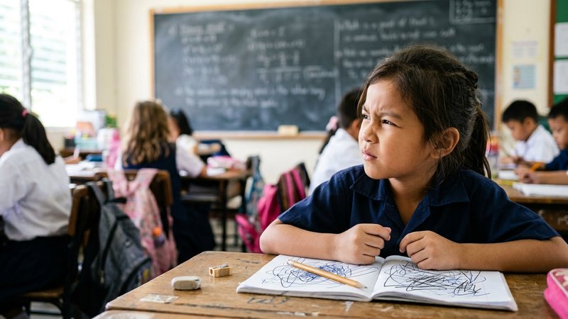 Un niño en clase copiando de la pizarra, girando la cabeza y entornando los ojos con esfuerzo evidente para ver bien, mi