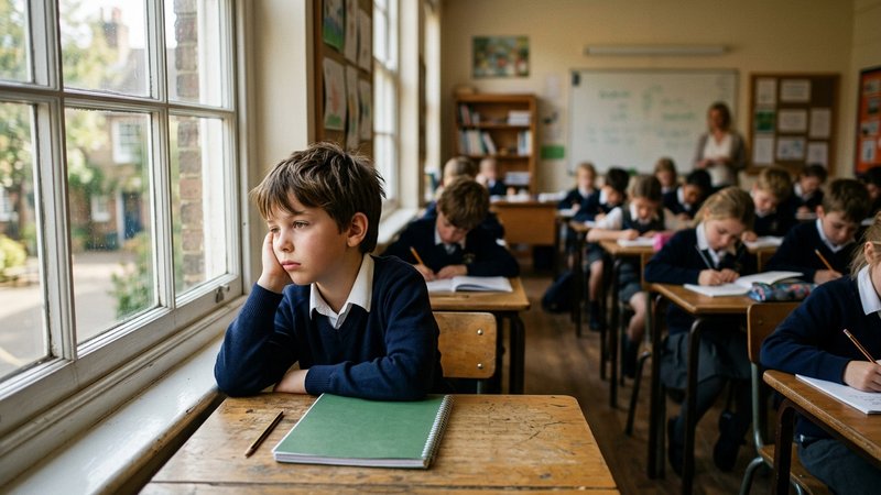 Un niño en clase mirando por la ventana con expresión de aburrimiento, mientras su cuaderno permanece cerrado sobre el p
