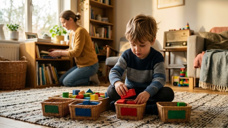 Un niño clasificando bloques de colores en cestas distintas sobre la alfombra del salón, muy concentrado en su misión, m