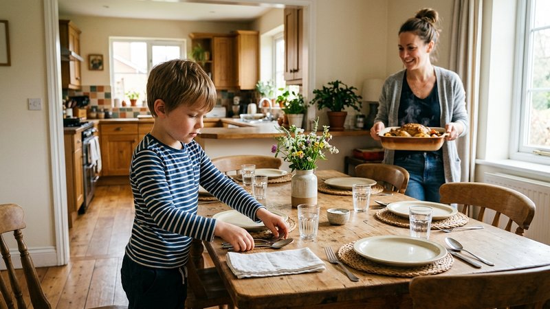 Un niño colocando servilletas y cubiertos en la mesa del comedor antes de comer, mientras su madre trae una fuente desde