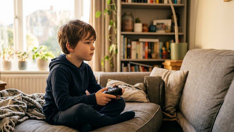 Un niño completamente absorto jugando a un videojuego en el sofá del salón, con el mando entre las manos y la mirada fij